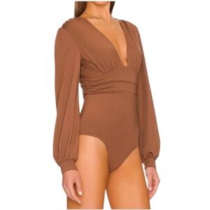 Line & Dot Revolve Good Vibes Chocolate Brown Long Sleeve Bodysuit